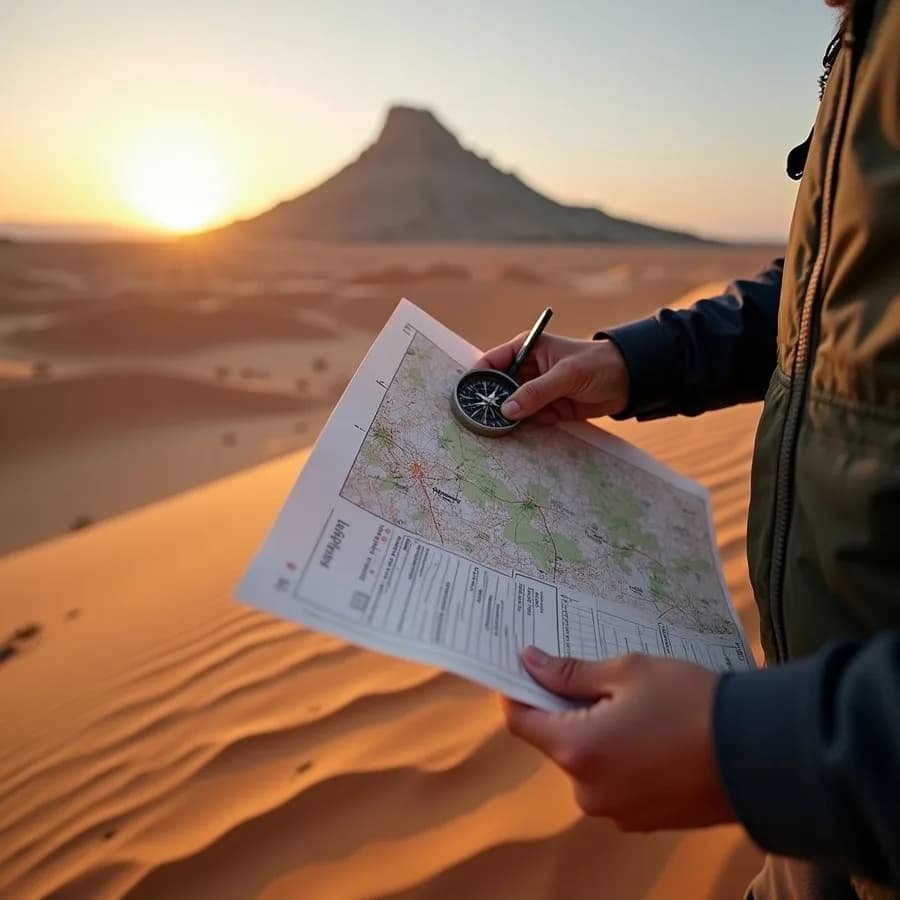 A local guide reading a map in the Moroccan desert at sunset