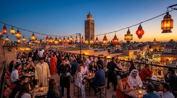Split view contrasting Agadir's Atlantic beachfront with Marrakech's historic medina, Morocco