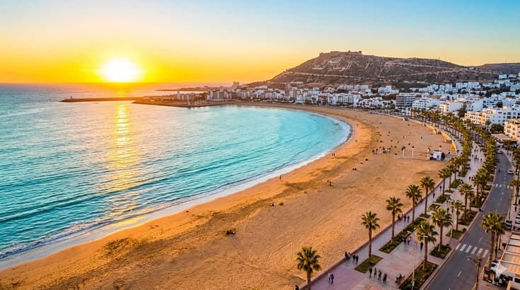 Agadir beach promenade lined with palm trees under clear sunshine