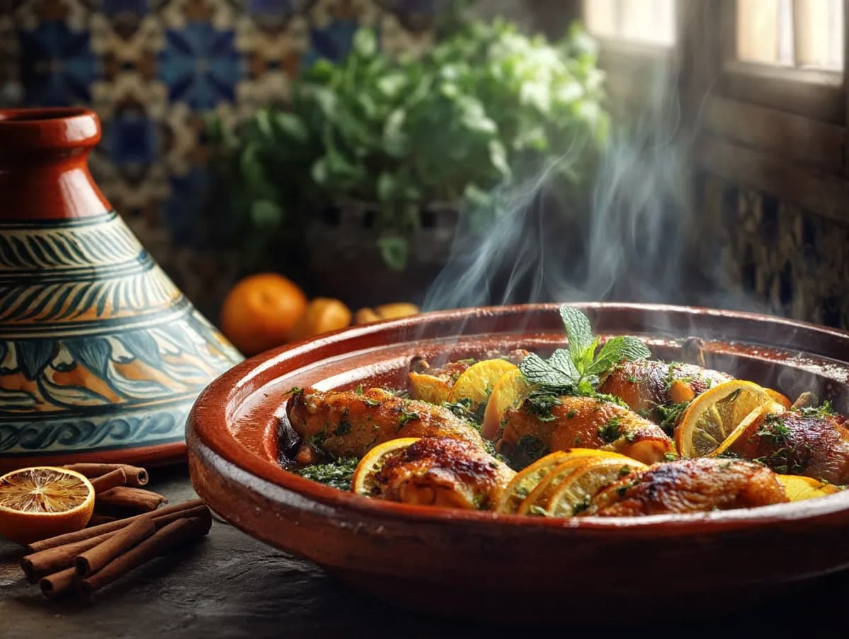 A traditional Moroccan tagine meal served with mint tea