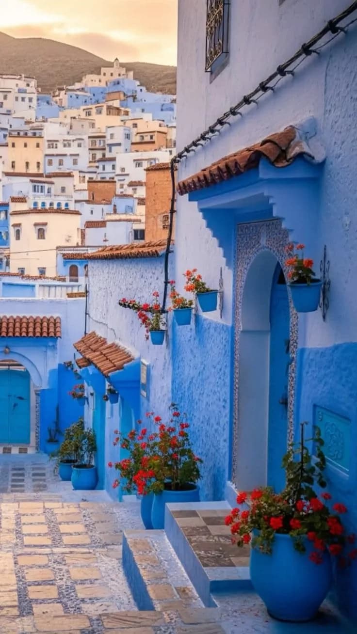 Blue-washed street with flower pots, Chefchaouen
